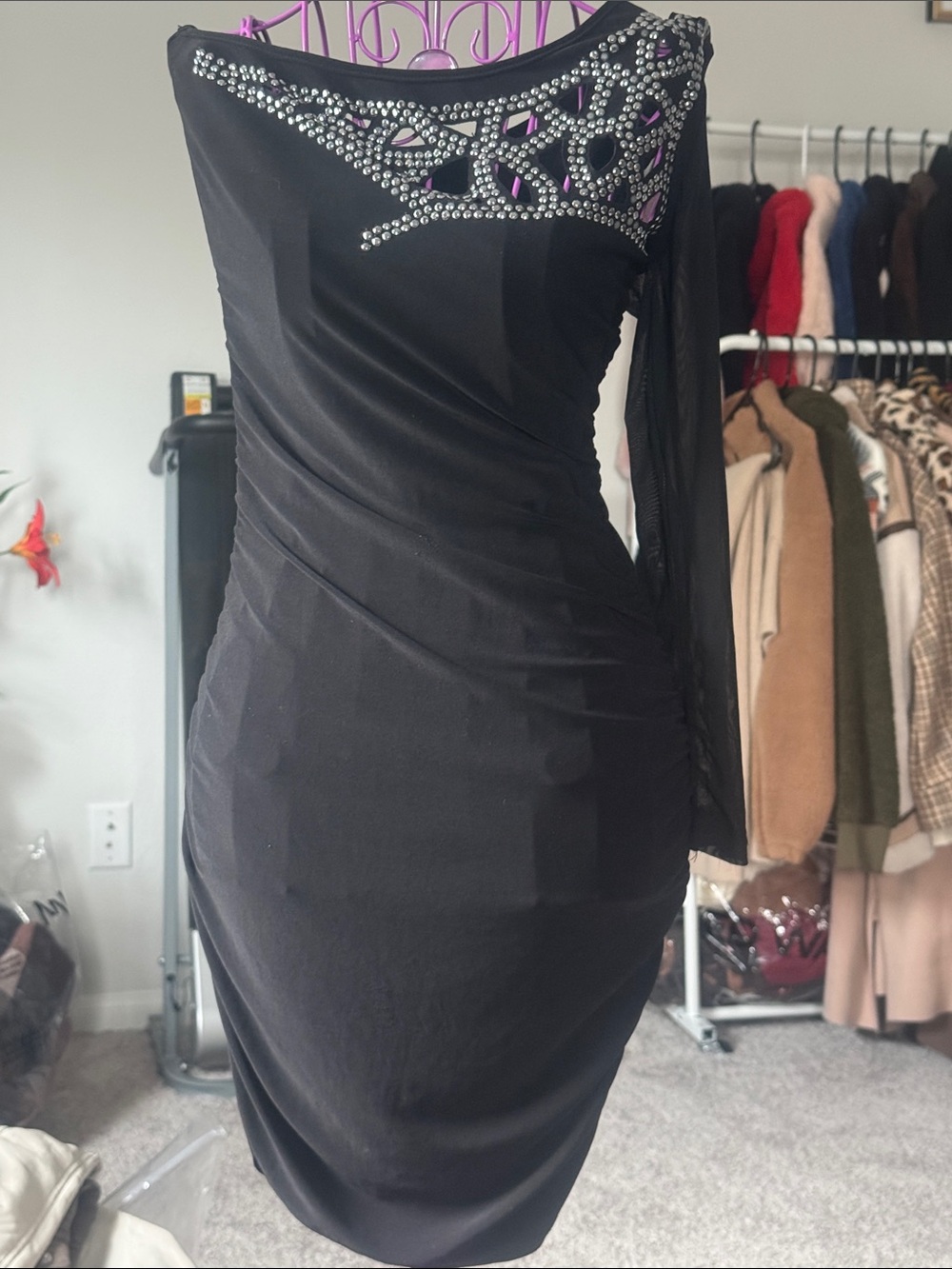 Symphony Schouler Black One-Shoulder Rhinestone-Embellished Dress